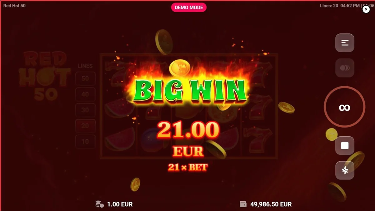 Interface vibrante do jogo Red Hot 50 com símbolos de frutas e fogo.