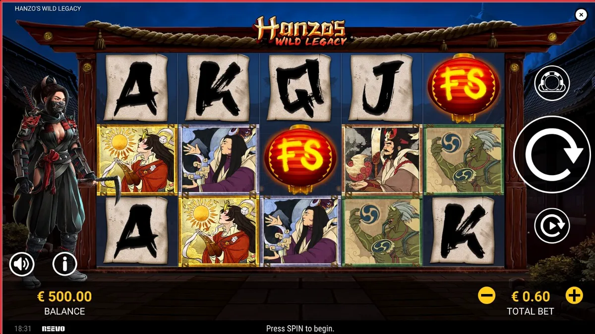 Interface do slot Hanzo’s Wild Legacy com temática de ninja e arte japonesa